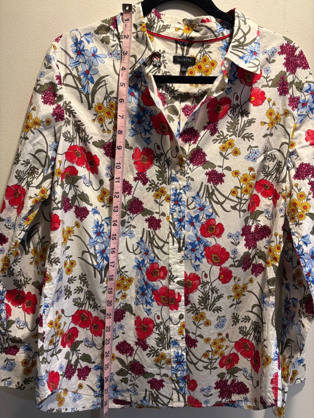 Talbots White Floral Button-Down Blouse Large Boho Cottagecore RedYellow Flowers - Picture 5 of 9